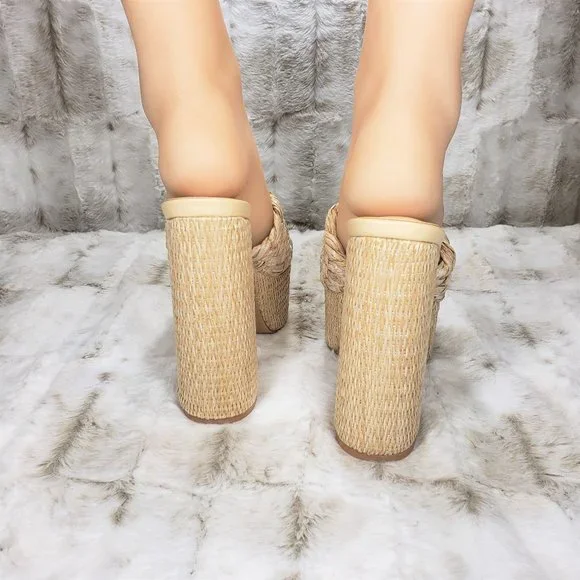 ☆ Cape Robbin Yara Nude Braided Strap High Block Heel Slip On Heeled Sandals - Picture 9 of 15